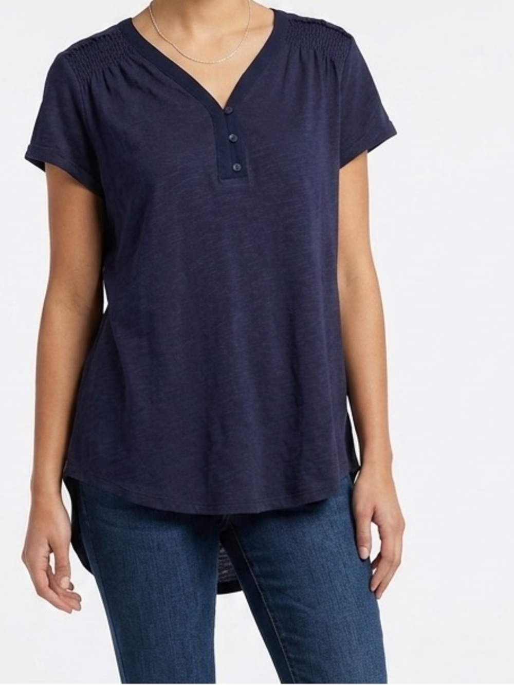 EVERLEIGH Navy Blue Flowy Smocked Short Sleeve Tee T-shirt Tunic Top Blouse
